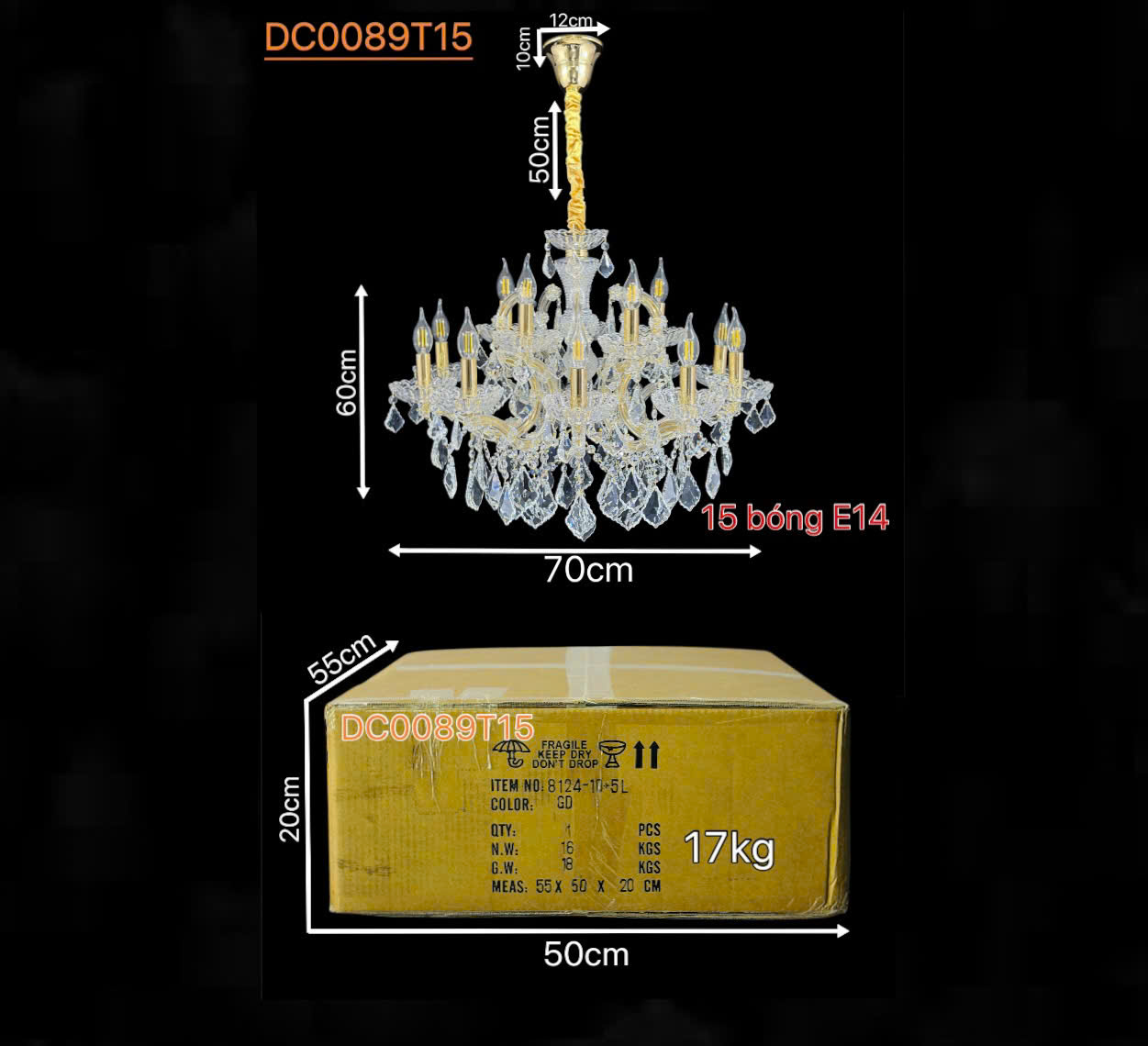 Kích thước Đèn chùm pha lê trắng thân vàng DC0089