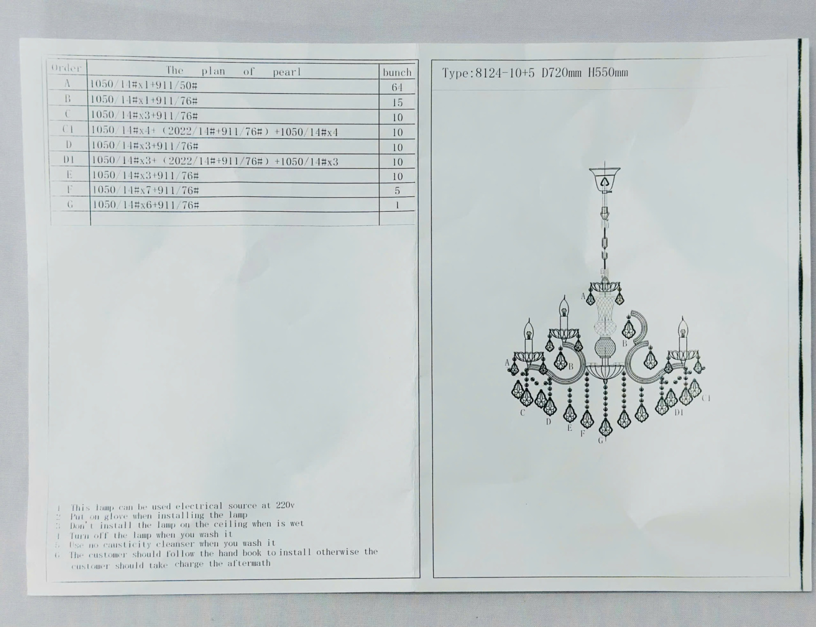 Hướng dẫn lắp đặt Đèn chùm pha lê trắng thân vàng DC0089