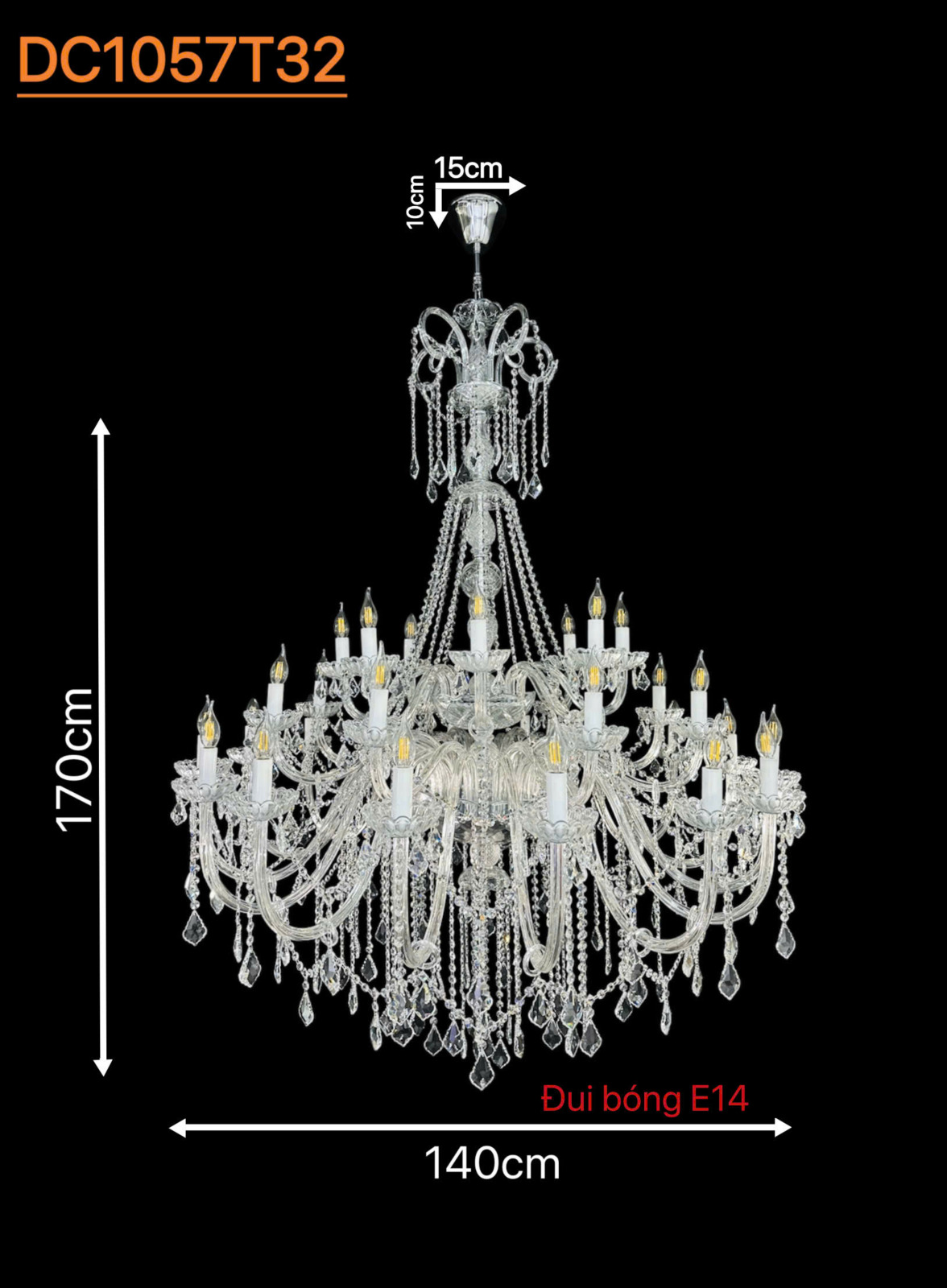 Kích thước đèn Đèn chùm pha lê trong suốt đường kính 1,4m DC1057T32