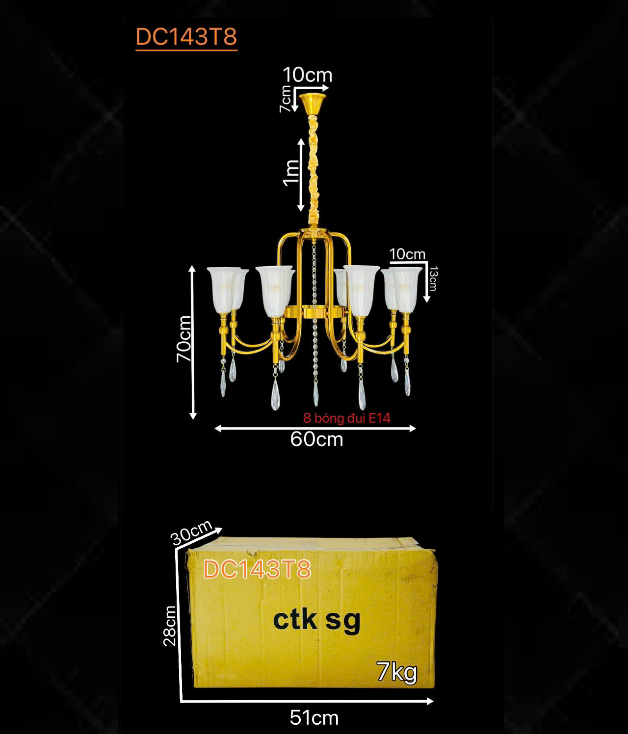 Kích thước Đèn chùm tân cổ điển Bắc Âu 8 tay DC143T8