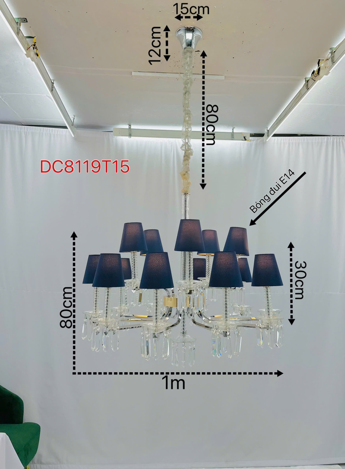 Kích thước Đèn chùm pha lê chóa vải tím 15 tay DC8119T15