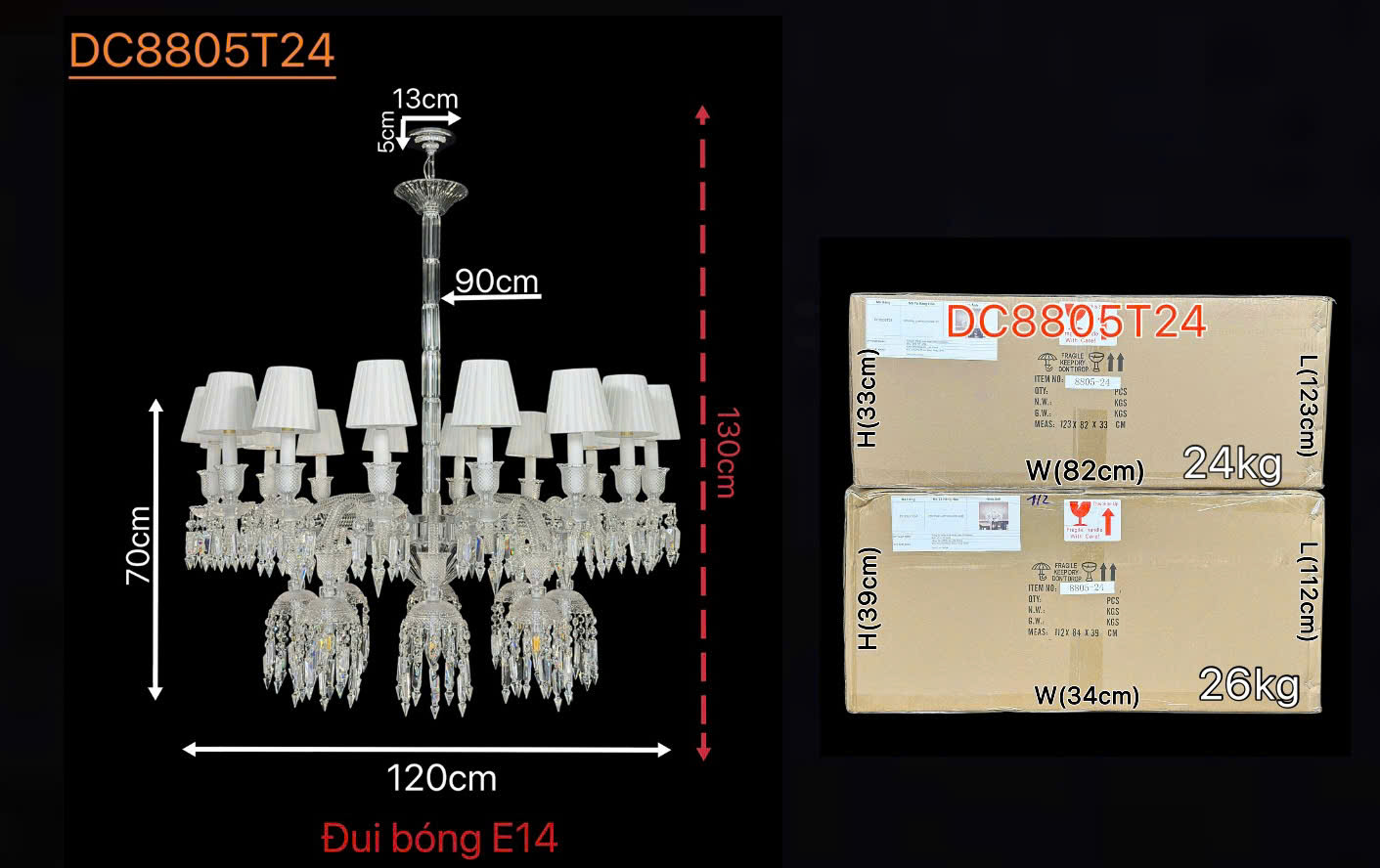 Kích thước Đèn chùm pha lê cao cấp chóa vải 24 tay DC8805T24