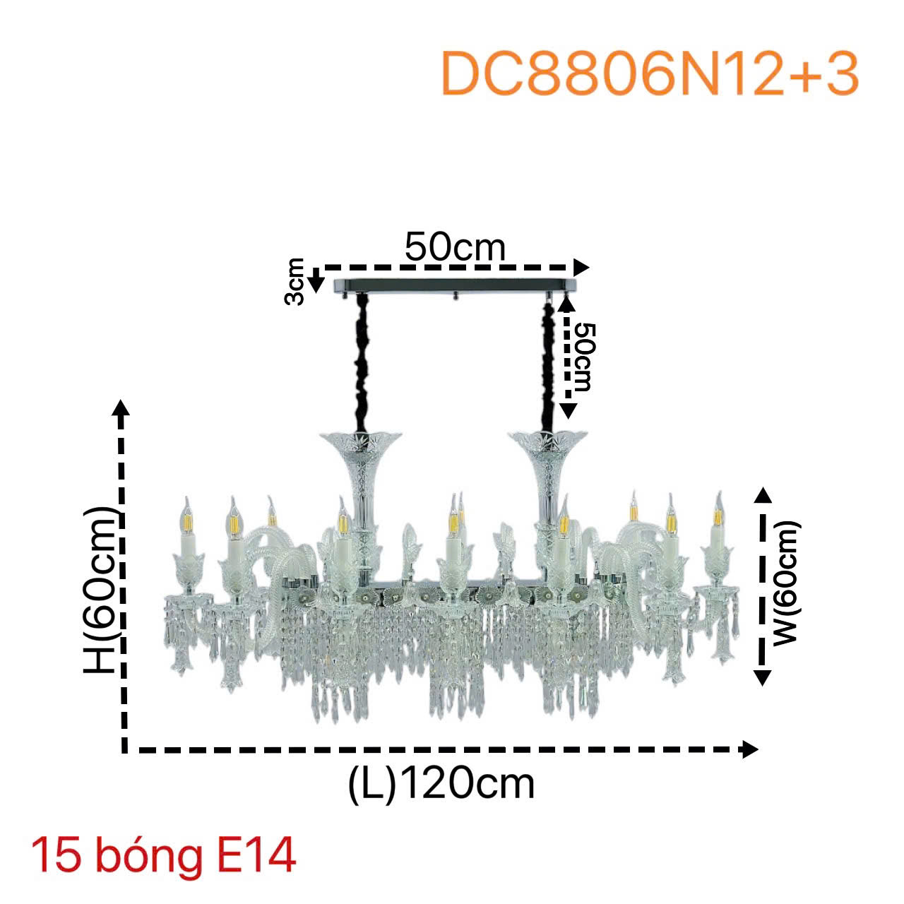 Kích thước Đèn chùm pha lê trắng dài 1,2m DC8806N12+3