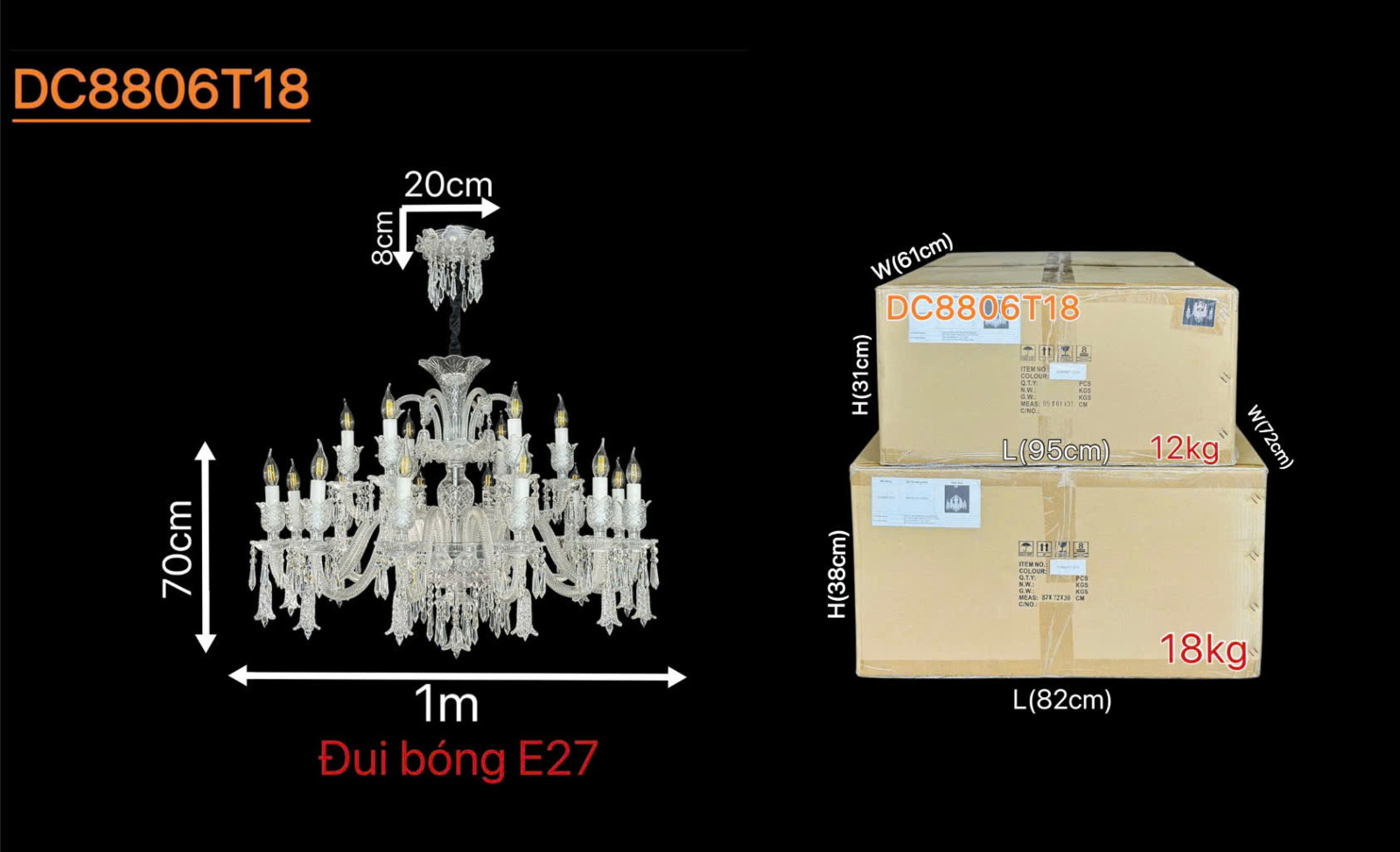 Kích thước Đèn chùm pha lê trắng đường kính 1m DC8806T18