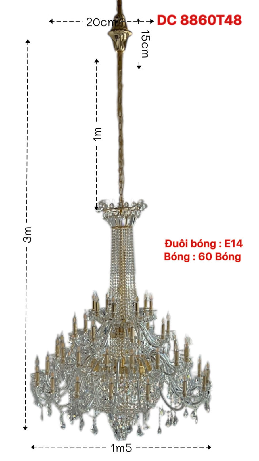 Kích thước Đèn chùm pha lê ánh vàng thông tầng DC8860T48