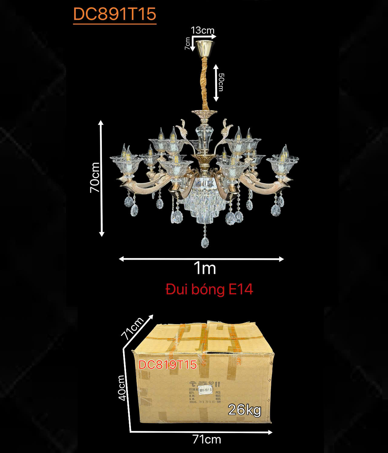 Kích thước Đèn chùm pha lê cao cấp 15 tay DC891T15