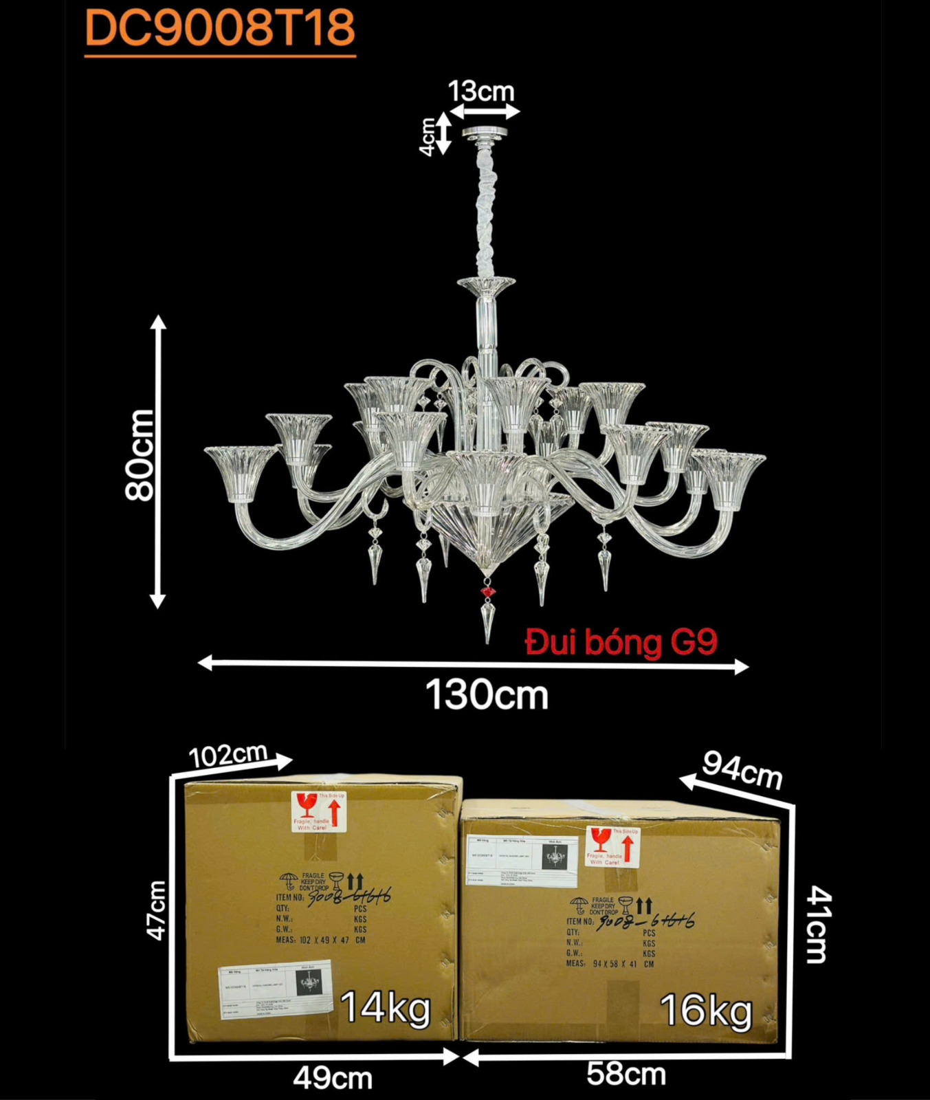 Kích thước Đèn chùm pha lê hoa trắng 18 tay DC9008T18
