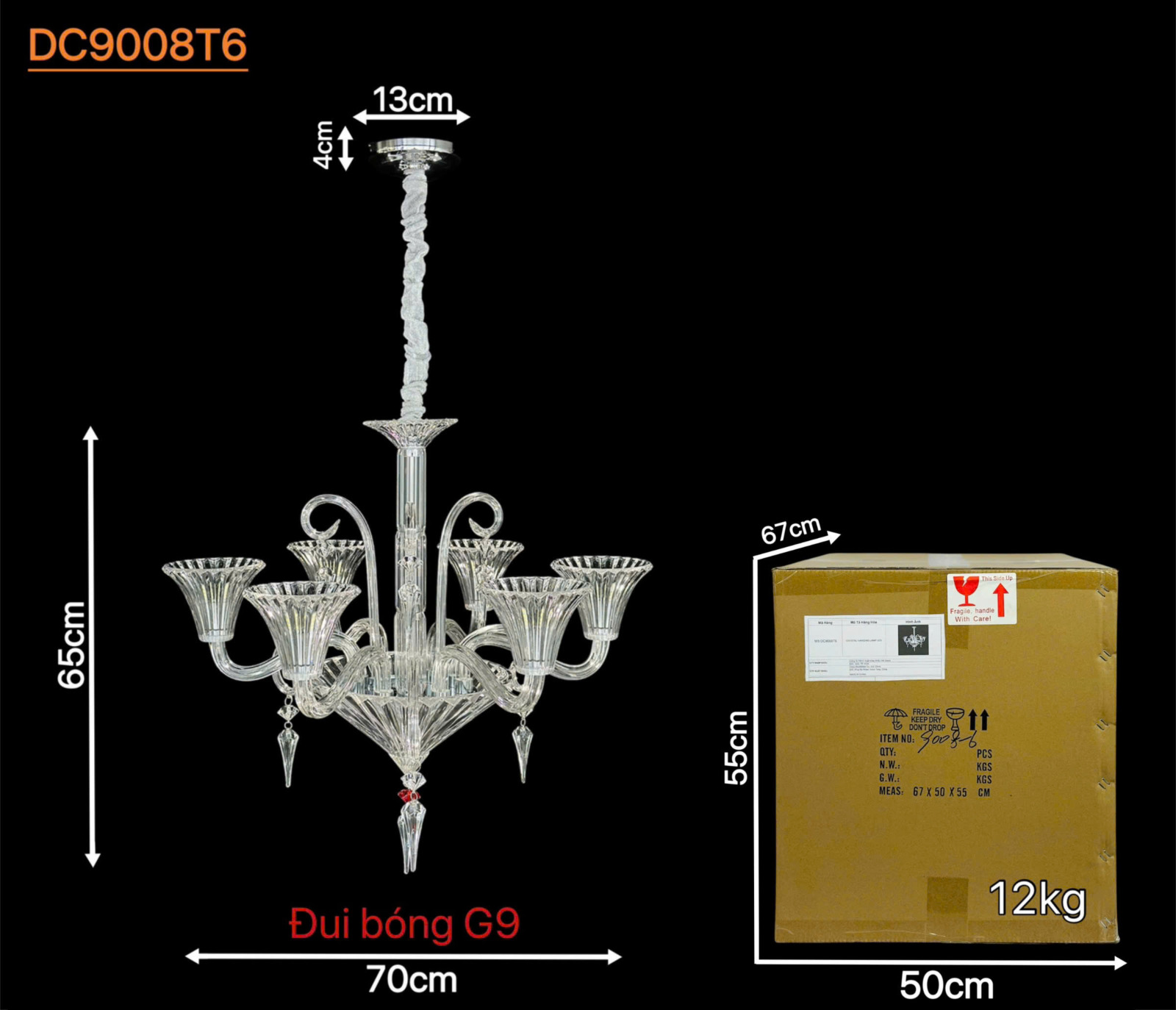 Kích thước Đèn chùm pha lê trong 6 tay DC9008T6