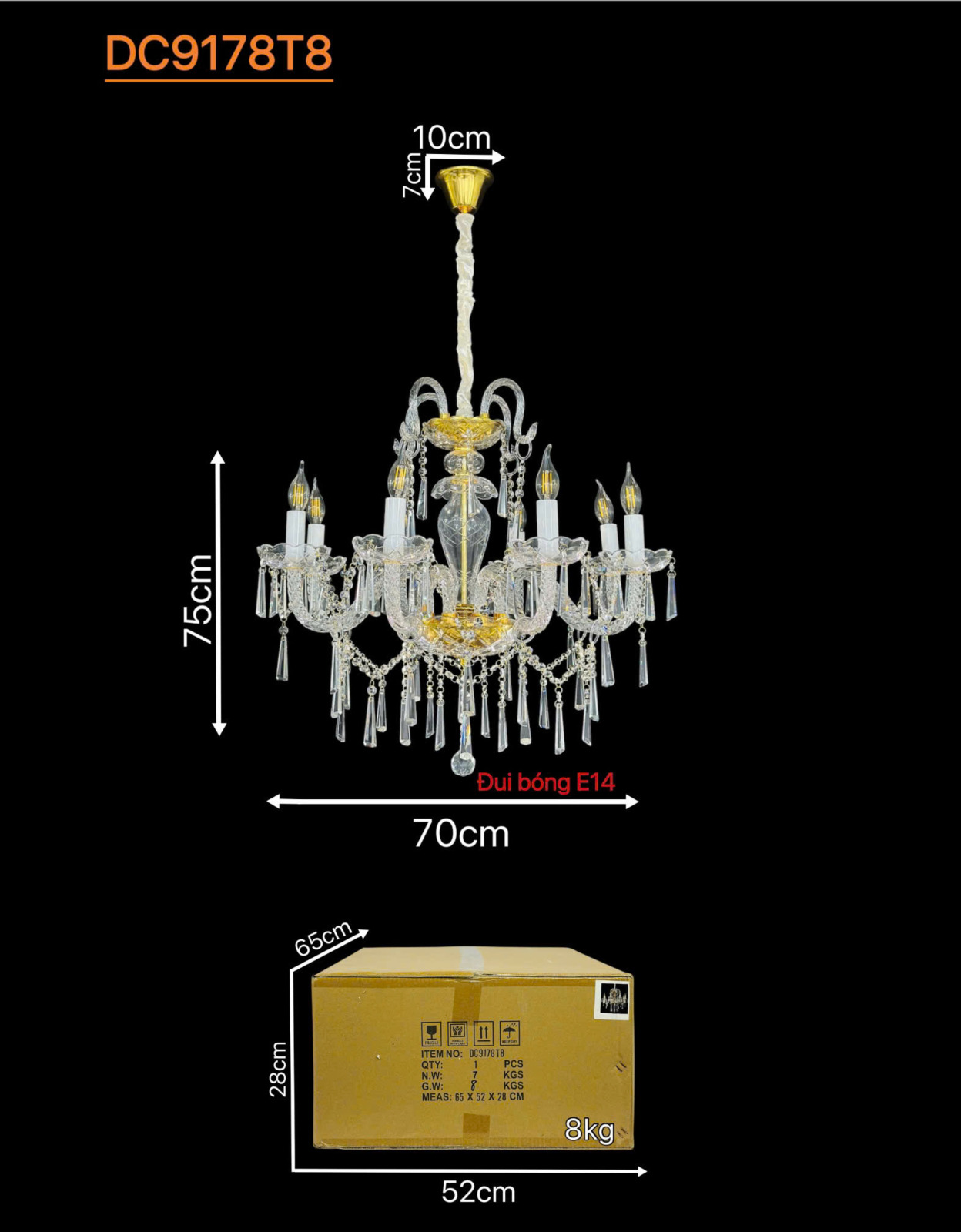 Kích thước Đèn chùm pha lê trắng trong 8 tay DC9178T8