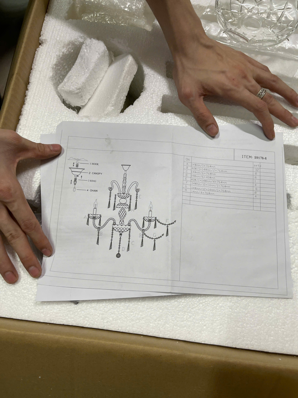 Hướng dẫn lắp đặt Đèn chùm pha lê trắng trong 8 tay DC9178T8