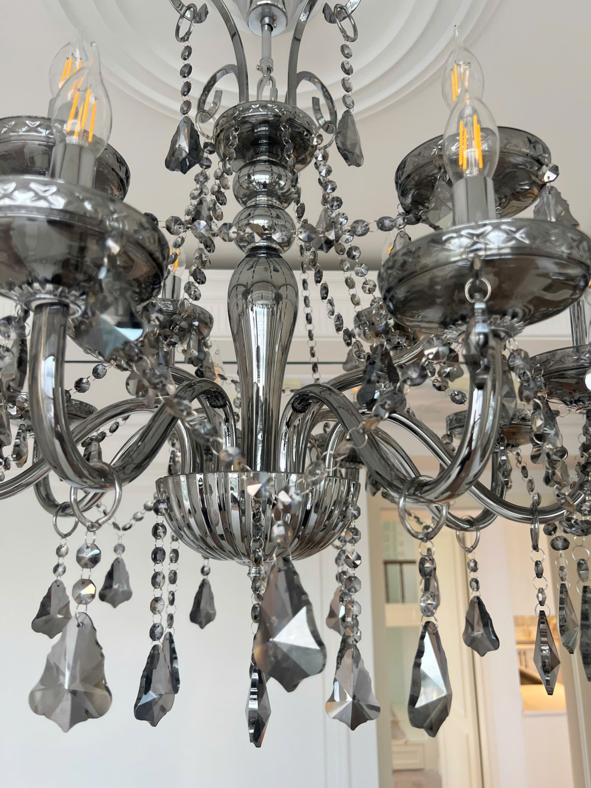 chi tiết Đèn chùm pha lê màu khói xám 12 tay DC9188T12