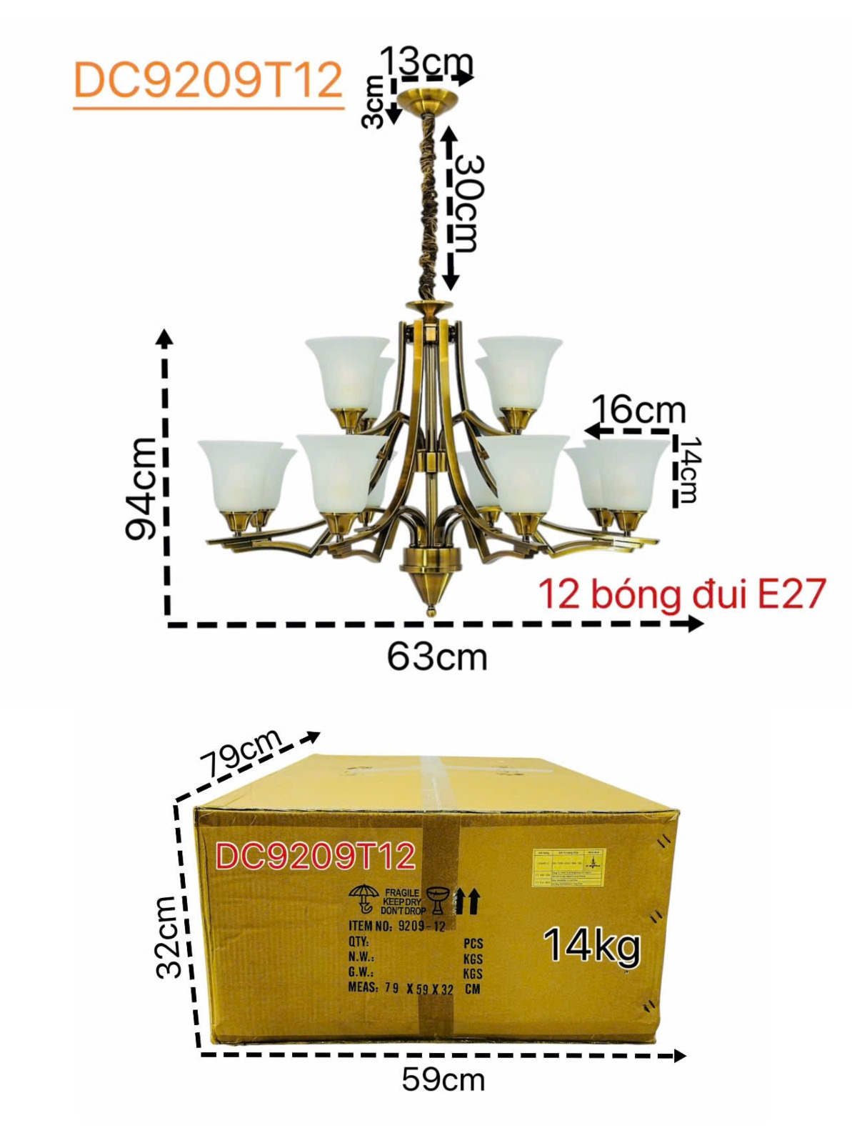 Kích thước Đèn chùm phòng khách tân cổ điển 12 tay DC9209T12