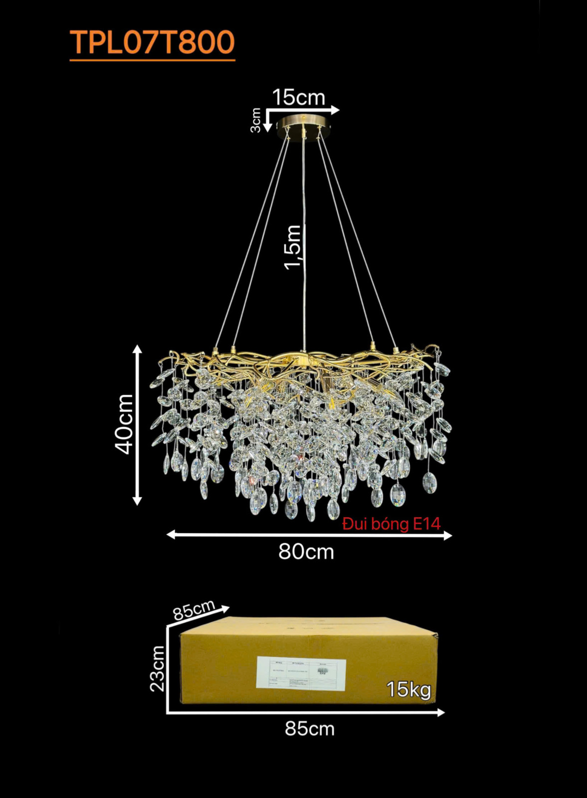 Kích thước Đèn thả cành vàng dài 80cm TPL07T800 