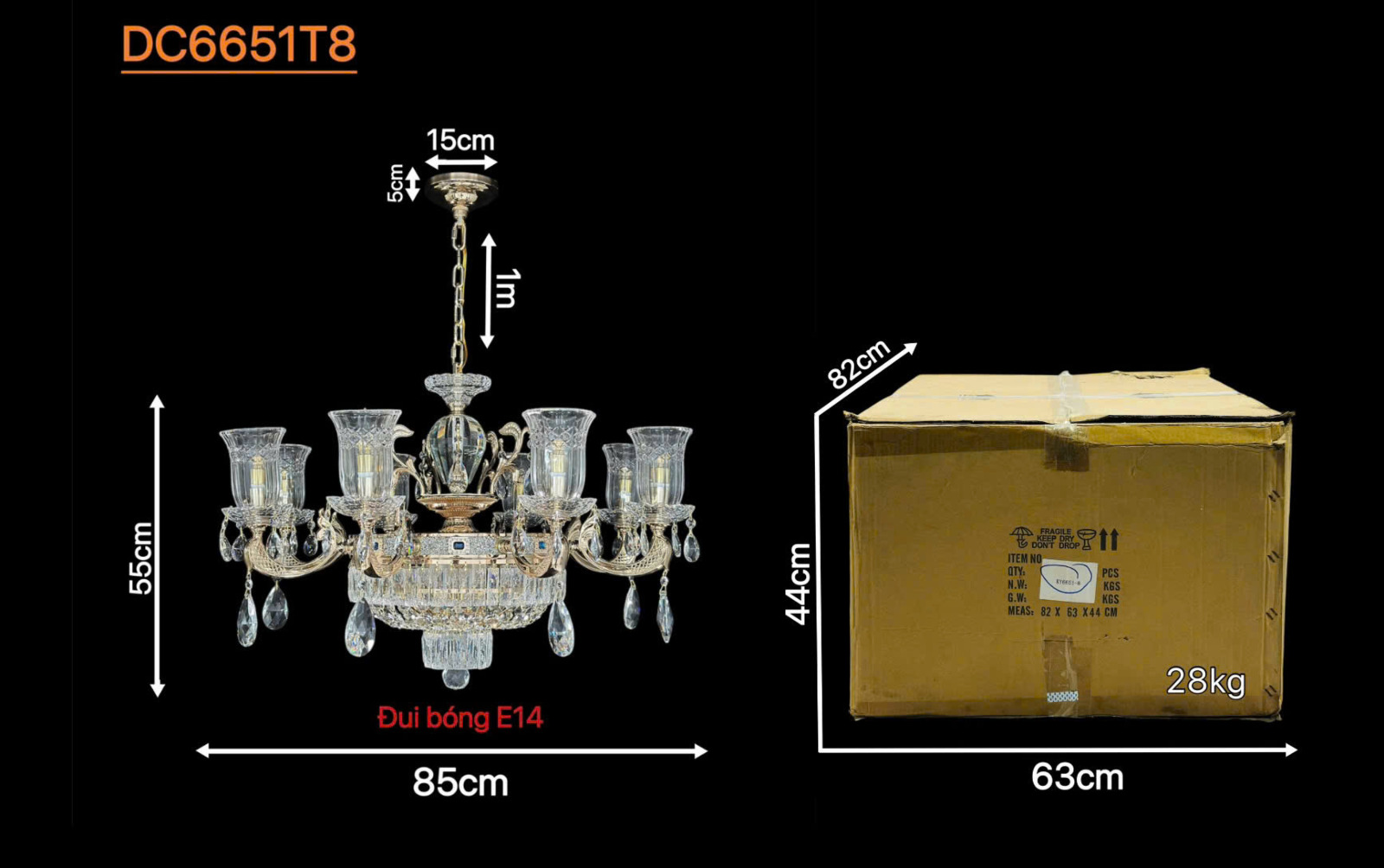 Kích thước Đèn chùm pha lê 8 tay DC6651T8
