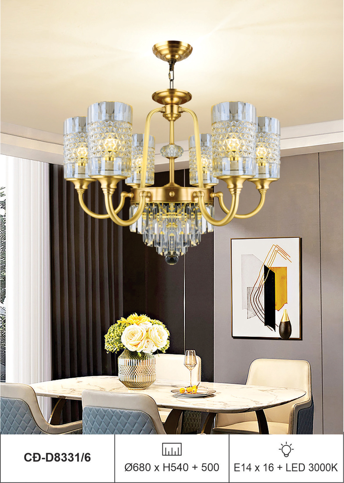 Đèn chùm đồng 6 tay chao thủy tinh CD-D8331/6