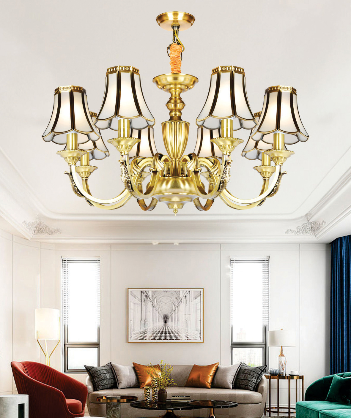 Đèn chùm đồng chao kính mờ 8 tay CD-D0996/8