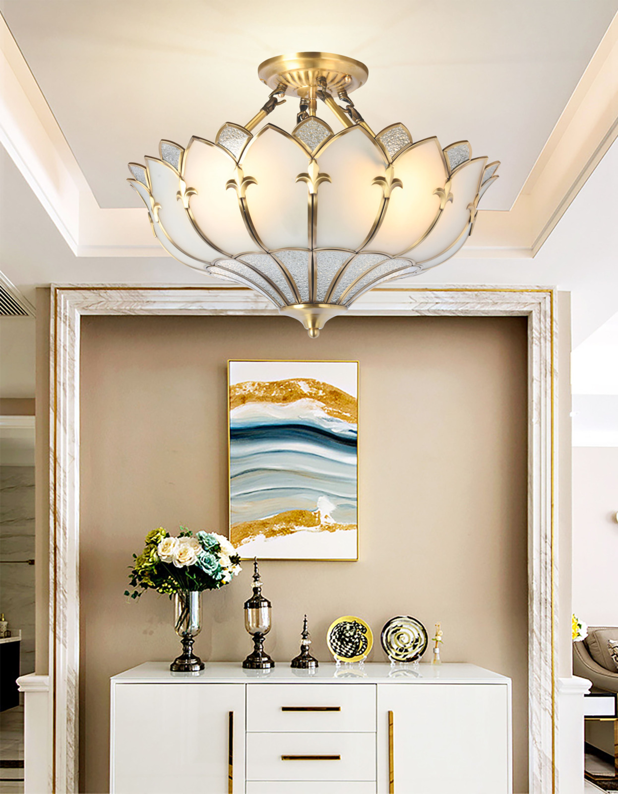 Đèn ốp trần đồng chao kính cánh hoa sen MD-C0950/4