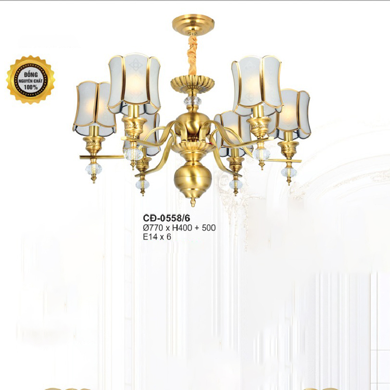 Đèn chùm đồng chao kính 6 tay CD-0558/6