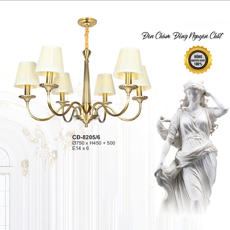Đèn chùm đồng chao vải 6 tay CD-8205/6