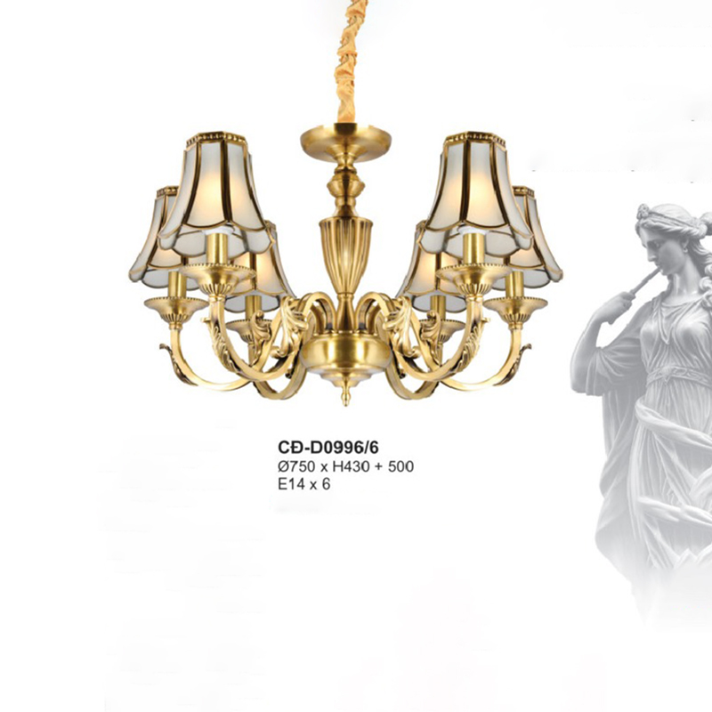Đèn chùm đồng chao kính mờ 6 tay CD-D0996/6
