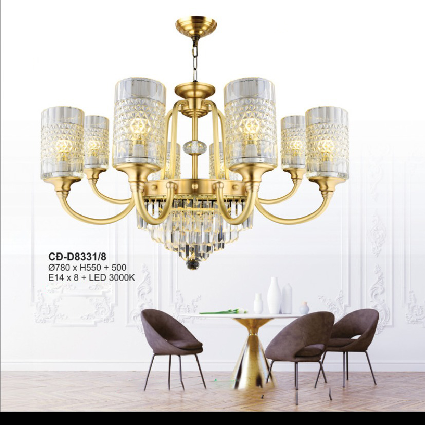 Đèn chùm đồng 8 tay chao thủy tinh CD-D8331/8