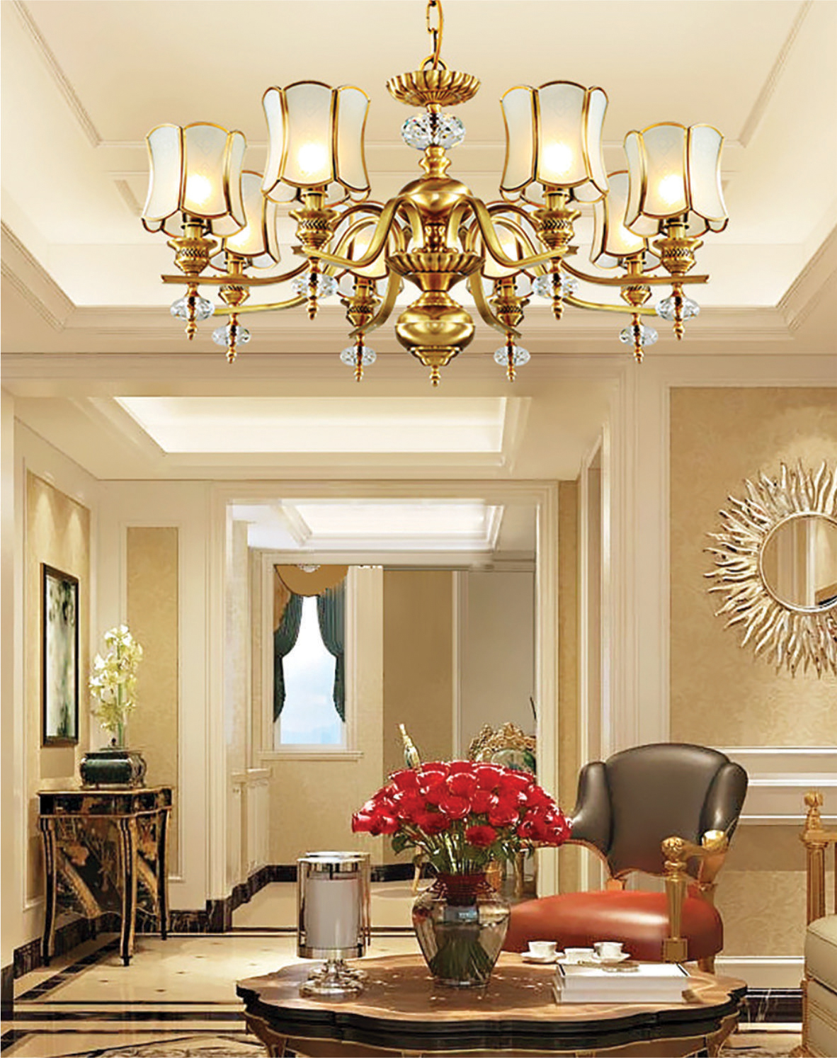 Đèn chùm đồng chao kính 8 tay CD-0558/8