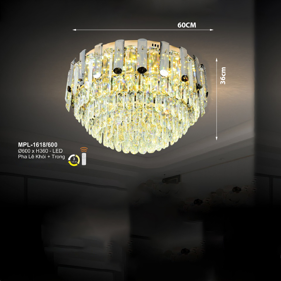 Đèn ốp trần tròn pha lê khói trong MPL-1618/600