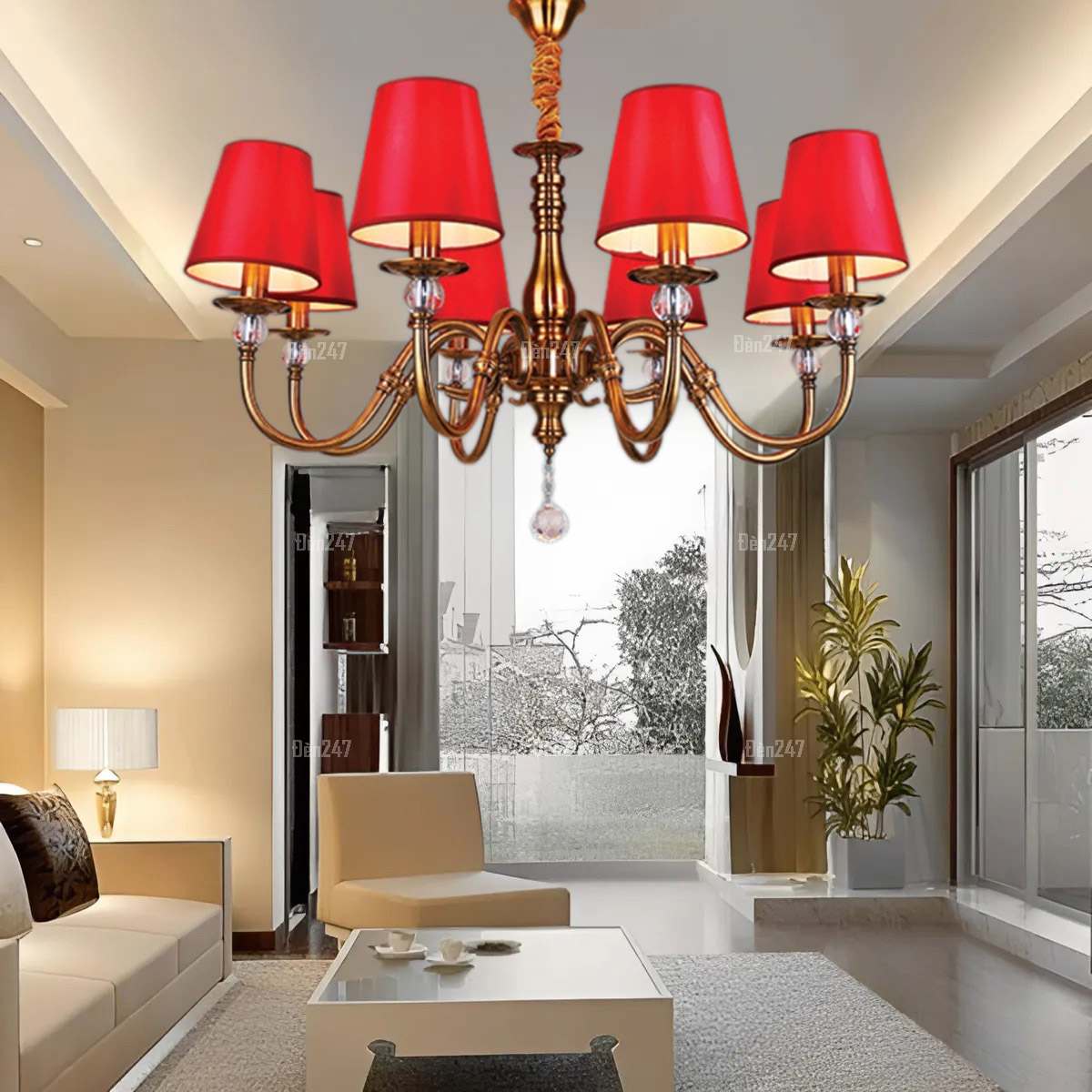 Đèn chùm Châu Âu chóa vải đỏ 8 tay CC9100/8