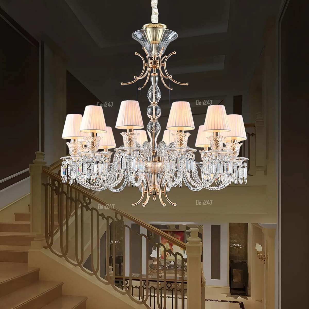 Đèn chùm pha lê K9 chao vải hiện đại 12 tay CN8145/12