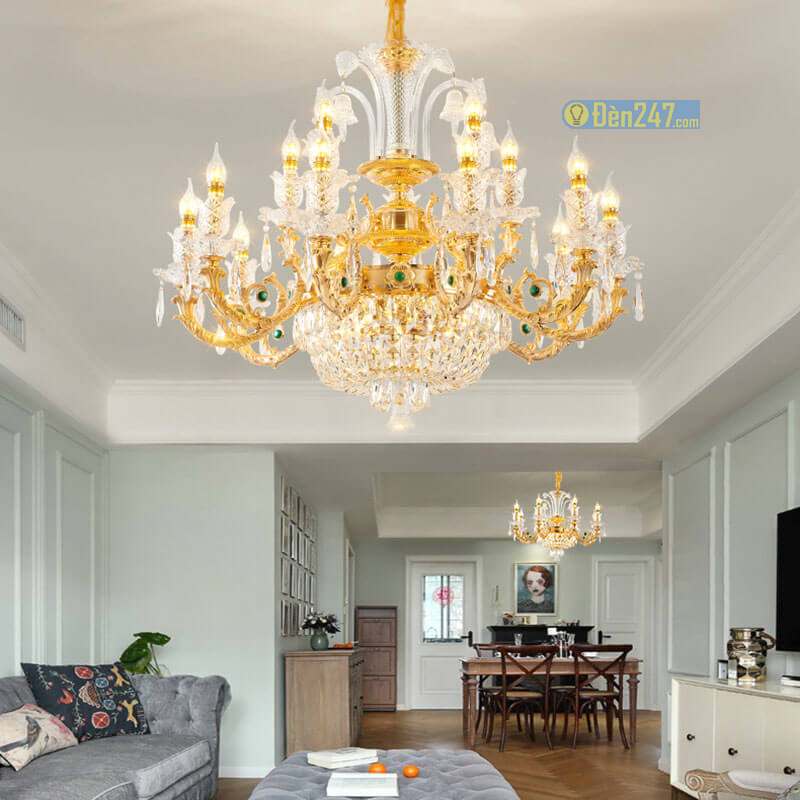Đèn chùm nhôm đúc màu vàng 18K pha kê K9 15 tay CN1287/15