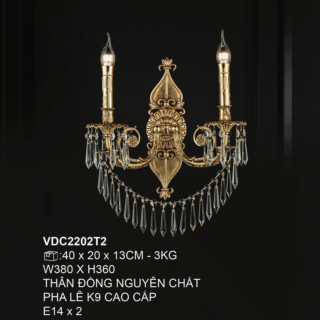 Đèn tường đồng pha lê 2 tay nến VDC2202T2
