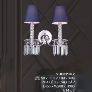 Đèn tường pha lê chóa vải tím 2 tay VDC8119T2