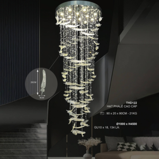 Đèn ốp trần pha lê lông vũ đường kính 1m cao 4.5m THD122T1000