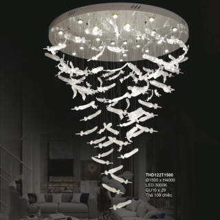 Đèn ốp trần pha lê lông vũ đường kính 1.5m cao 4m THD122T1500