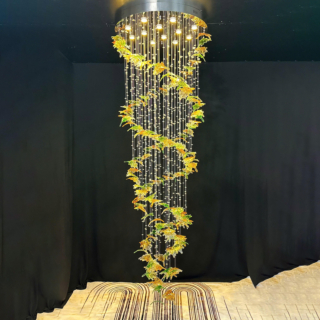 Đèn mâm ốp trần pha lê lá thông tầng dài 3.5m đường kính 80cm THD125T800