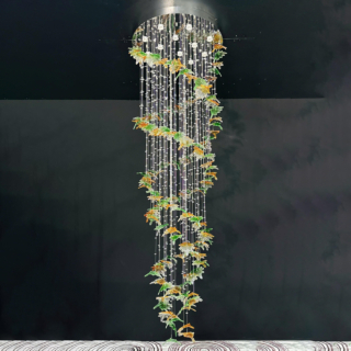 Đèn mâm ốp trần pha lê lá thông tầng dài 4.5m đường kính 1m THD125T1000