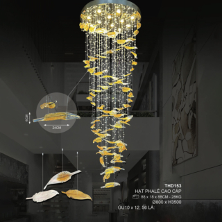 Đèn mâm pha lê lông vũ ốp trần thông tầng đường kính 80cm THD153T800