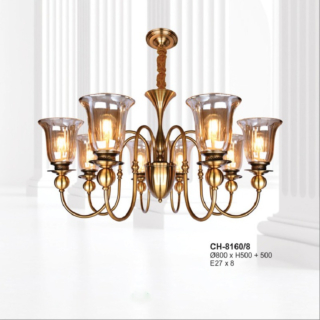 Đèn chùm Châu Âu màu vàng đồng chao trà 8 tay CH-8160/8