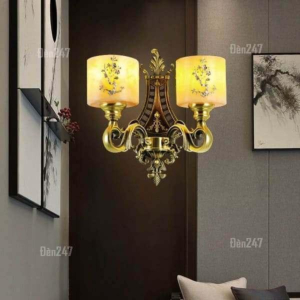 Đèn đồng chao đá chạm hoa văn 2 tay VD1246/2