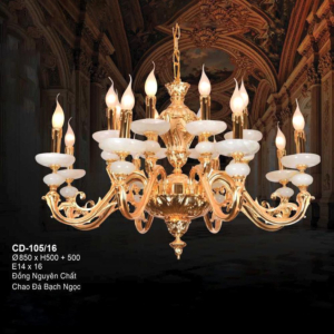 Đèn chùm đồng nguyên chất chao đá bạch ngọc mạ vàng màu 24K CD-105/16