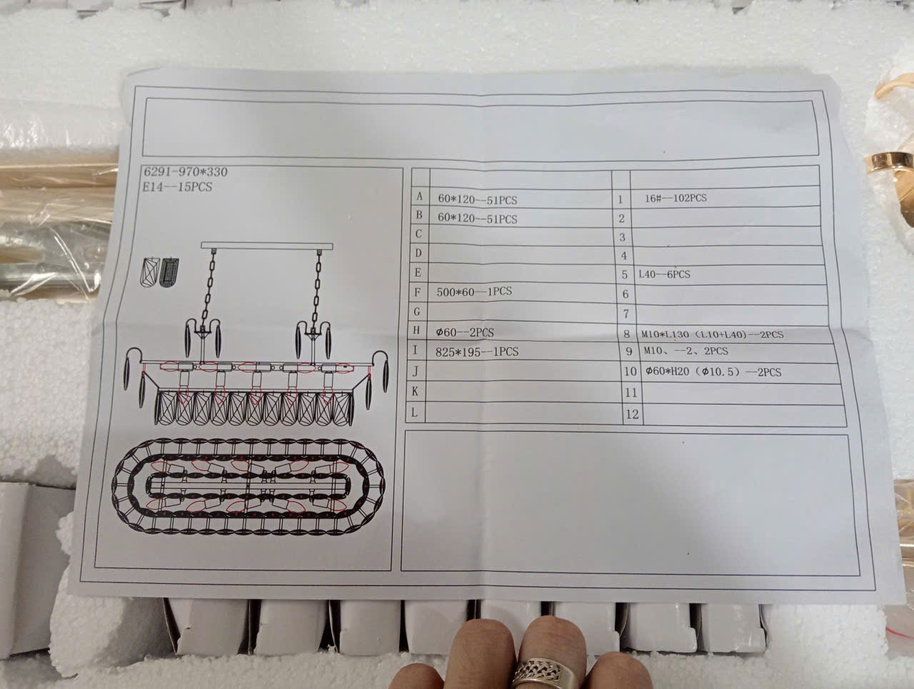 Hướng dẫn lắp đèn Đèn thả pha lê mờ dài 97cm TPL6291N970