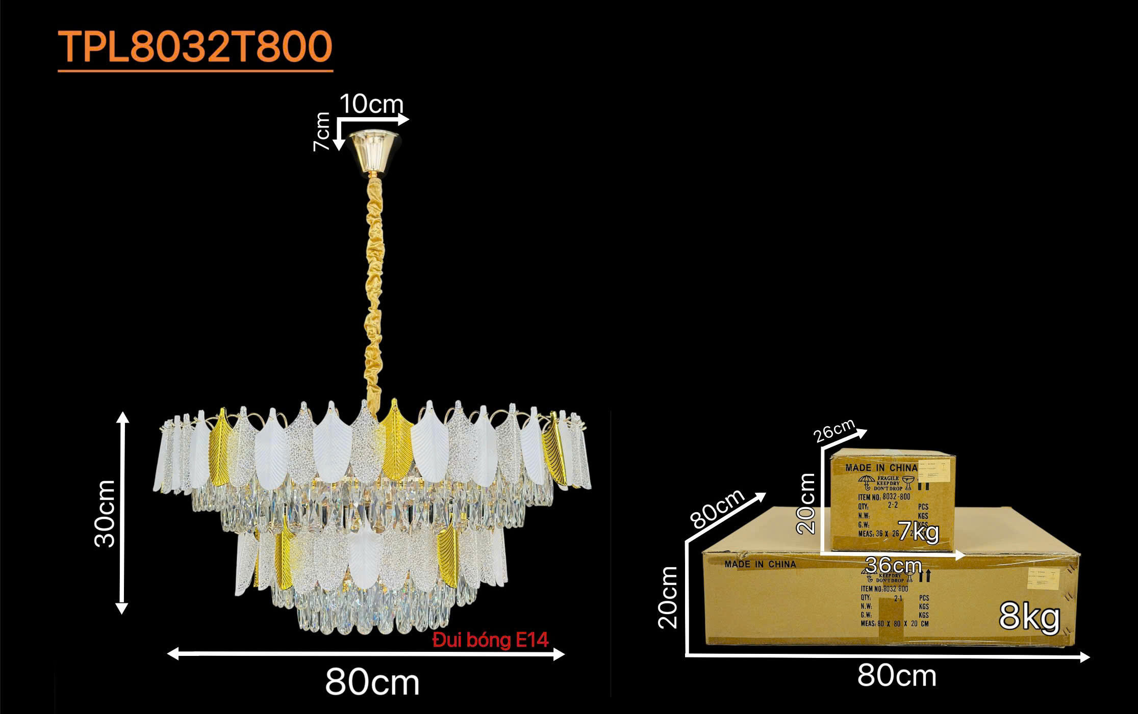 Kích thước Đèn chùm pha lê Mica Acrylic đường kính 80cm TPL8032T800