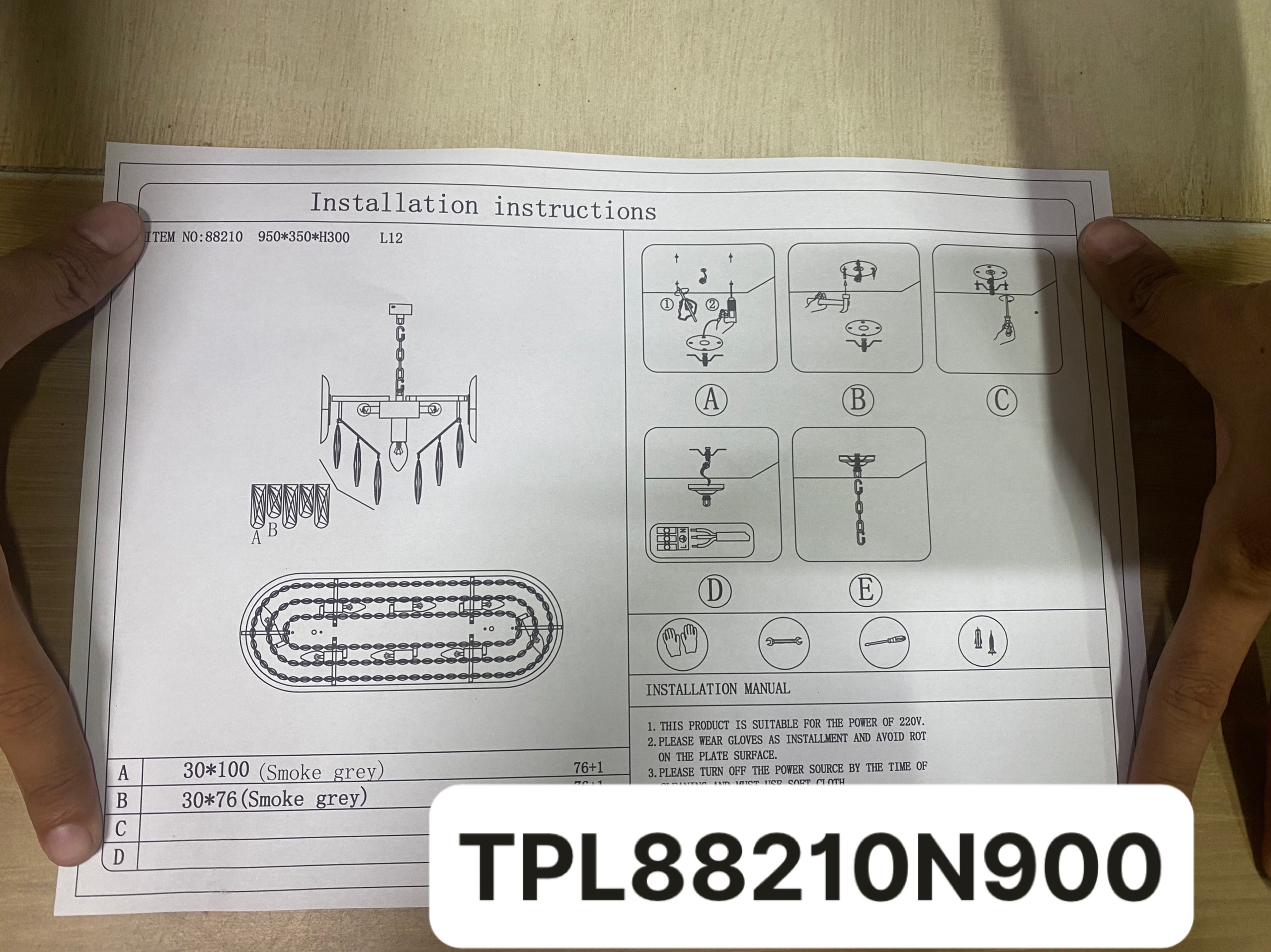 Hướng dẫn lắp đặt Đèn chùm pha lê K9 màu khói dài 90cm TPL88210N900