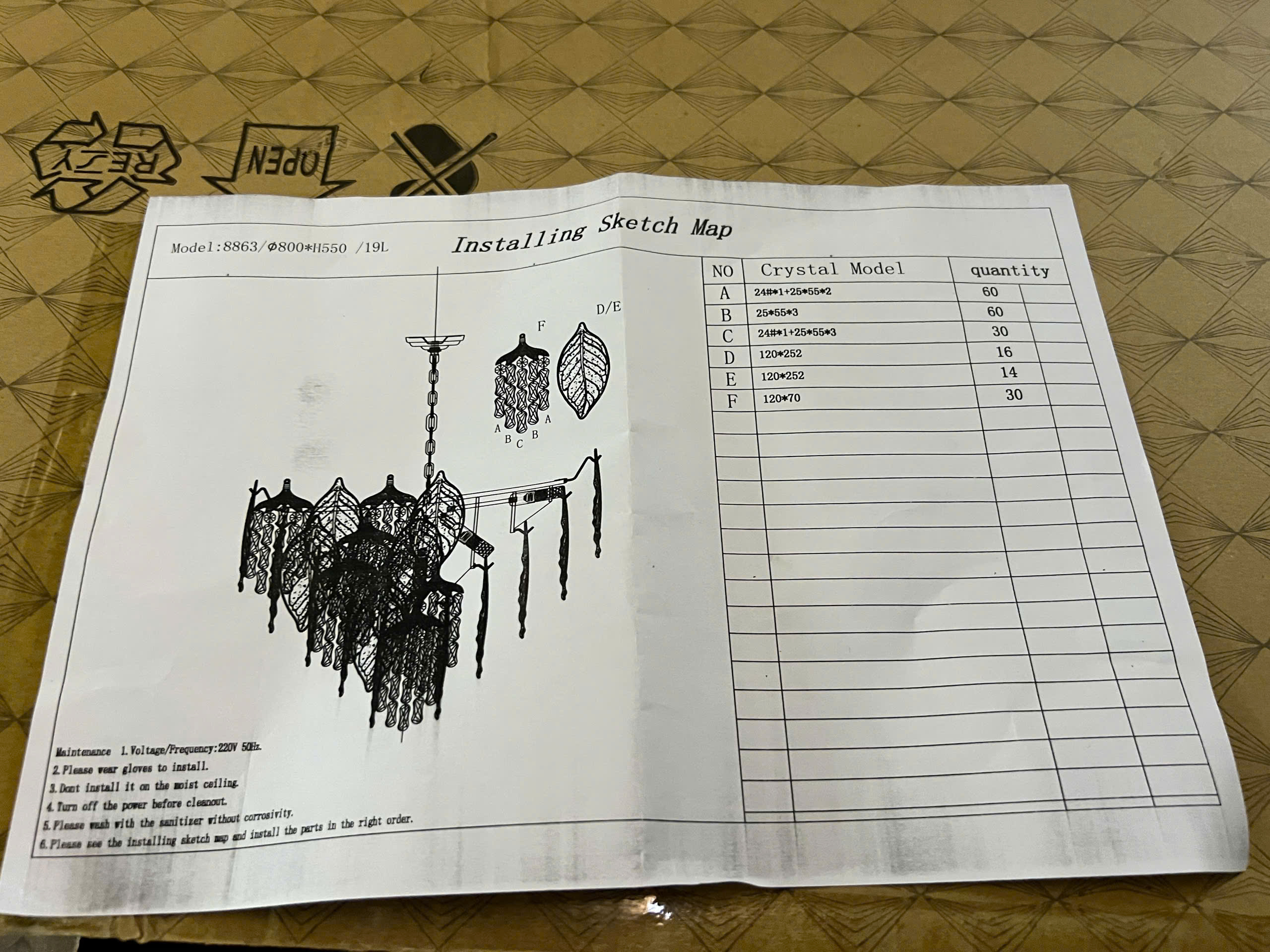 Hướng dẫn lắp dặt Đèn chùm pha lê lá đường kính 80cm TPL8863T800
