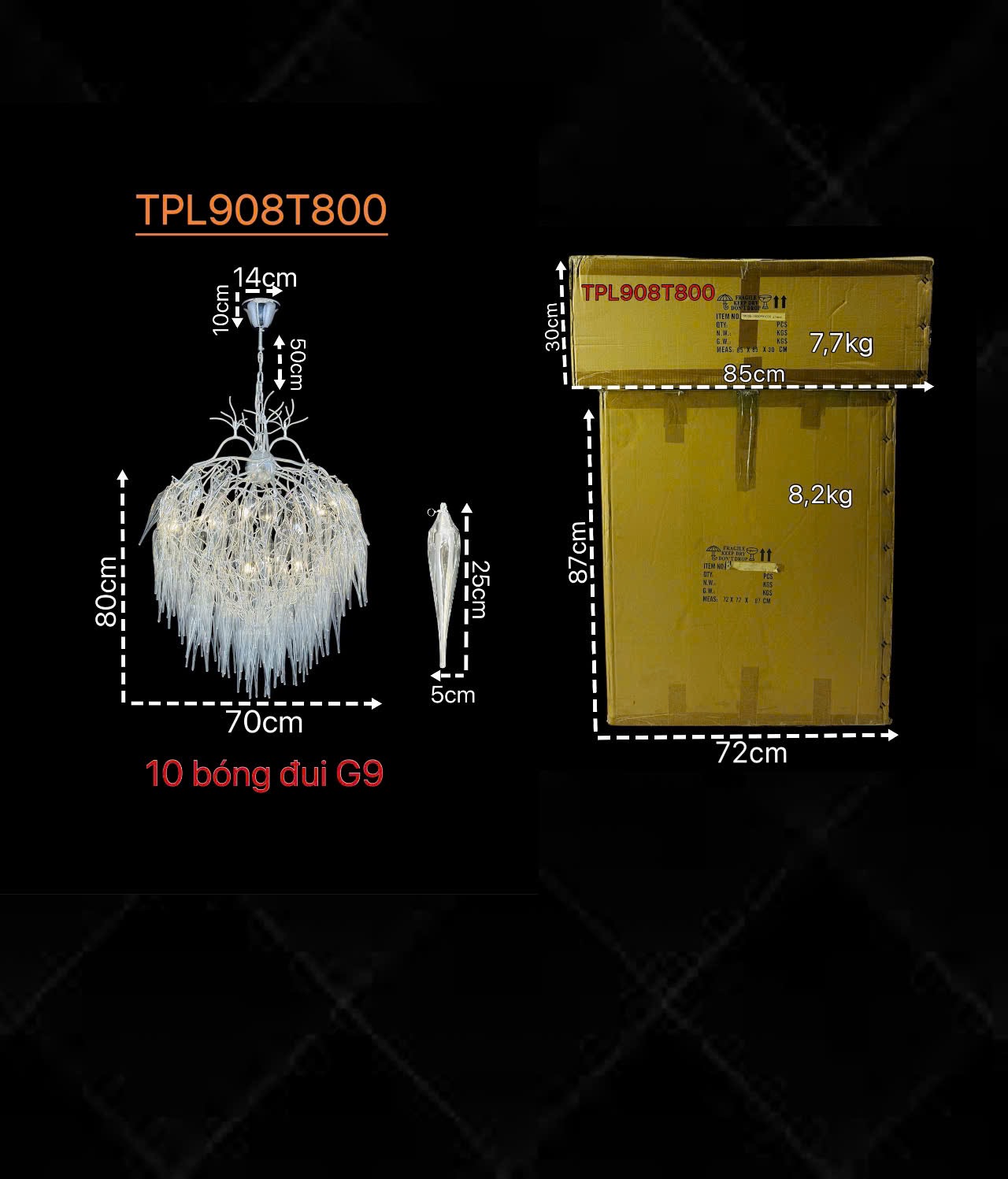Kích thước Đèn thả pha lê bạch kim TPL908T800