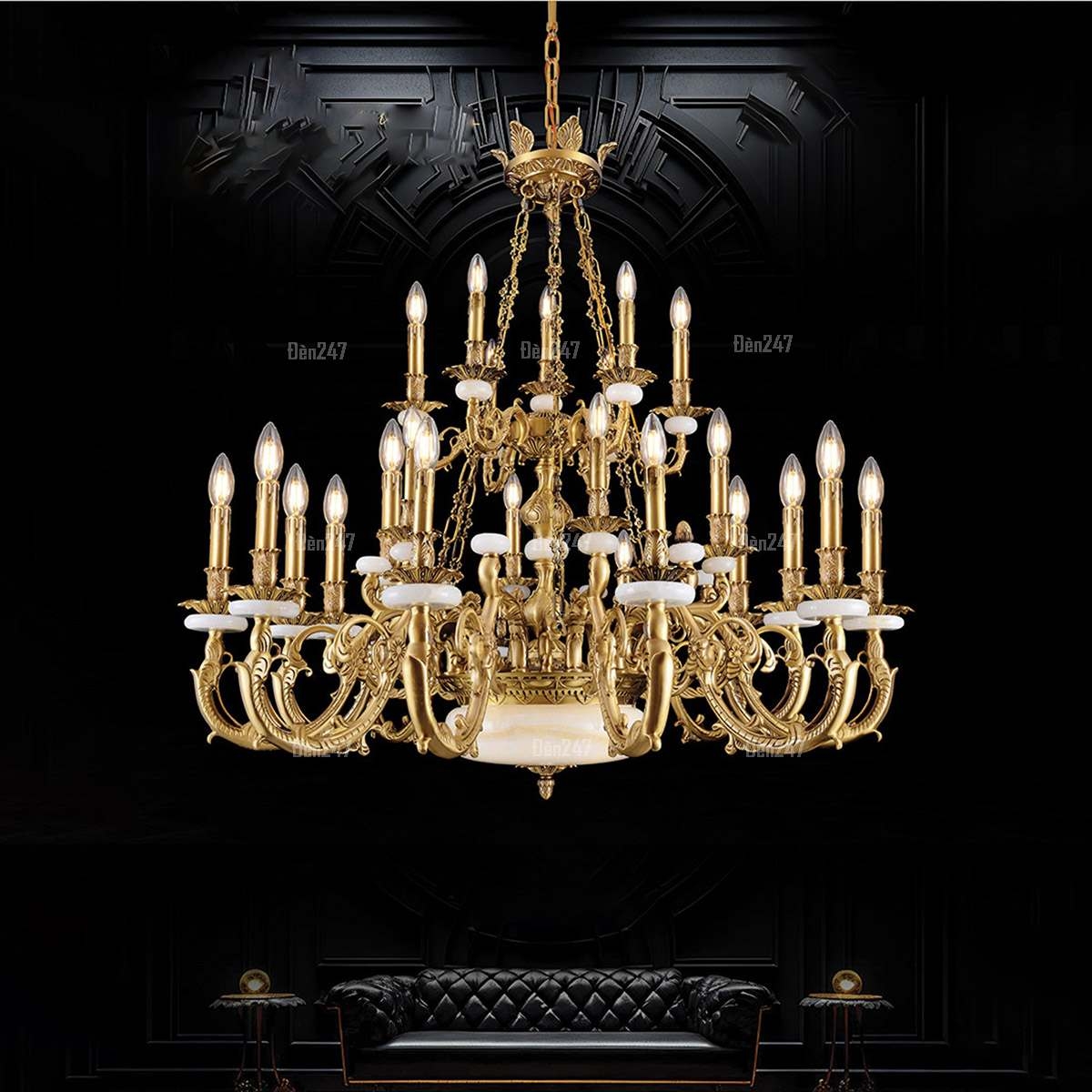 Đèn chùm đồng 24 tay bát đá thiên nhiên CD8870/24