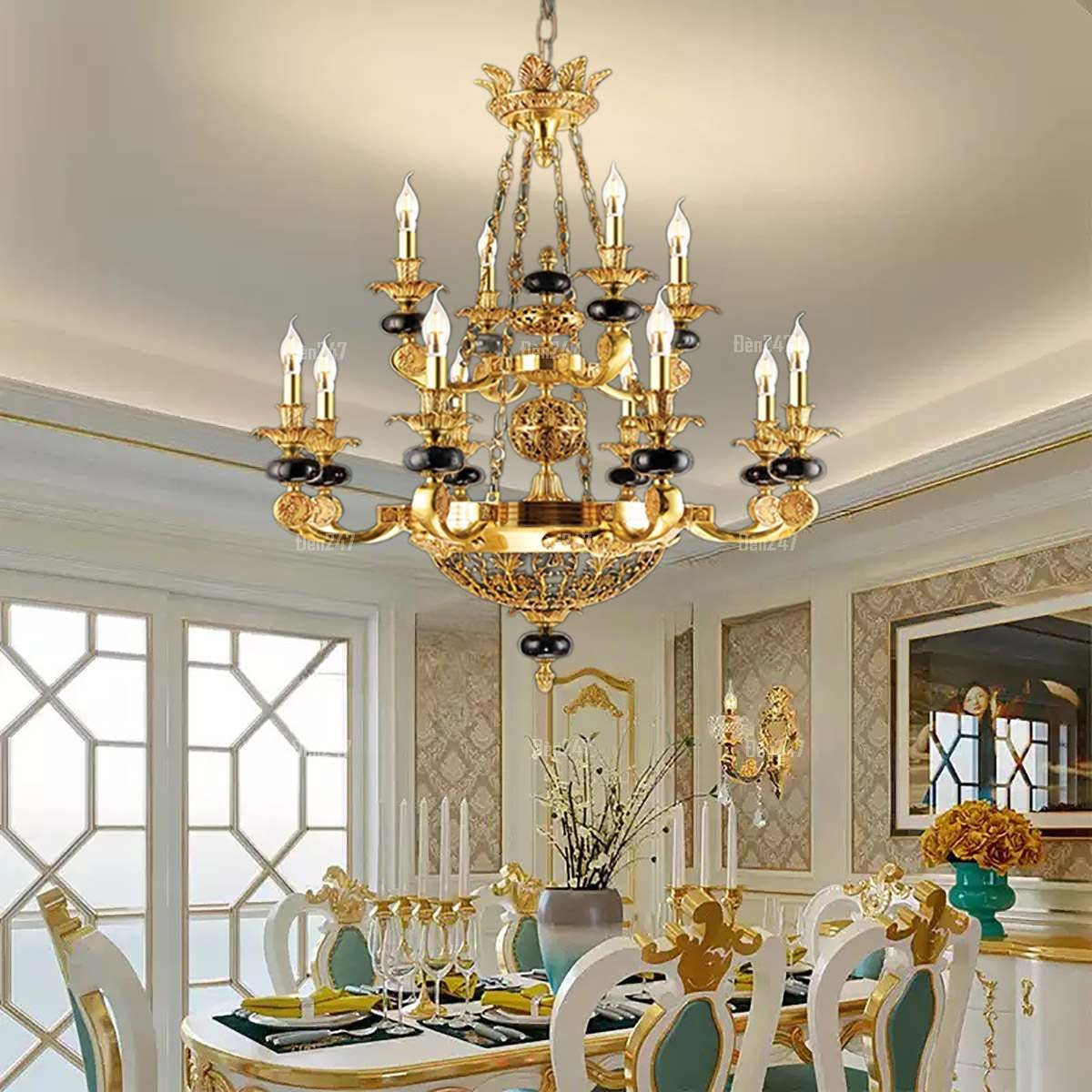 Đèn chùm đồng đá thiên nhiên 12 tay CD1085/12