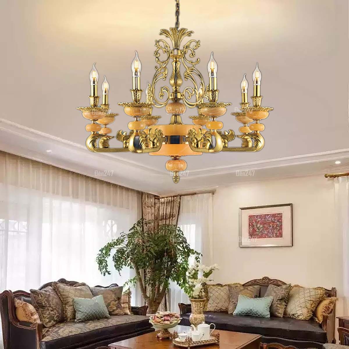 Đèn chùm đồng vàng bát đá 8 tay nến CD1088/8