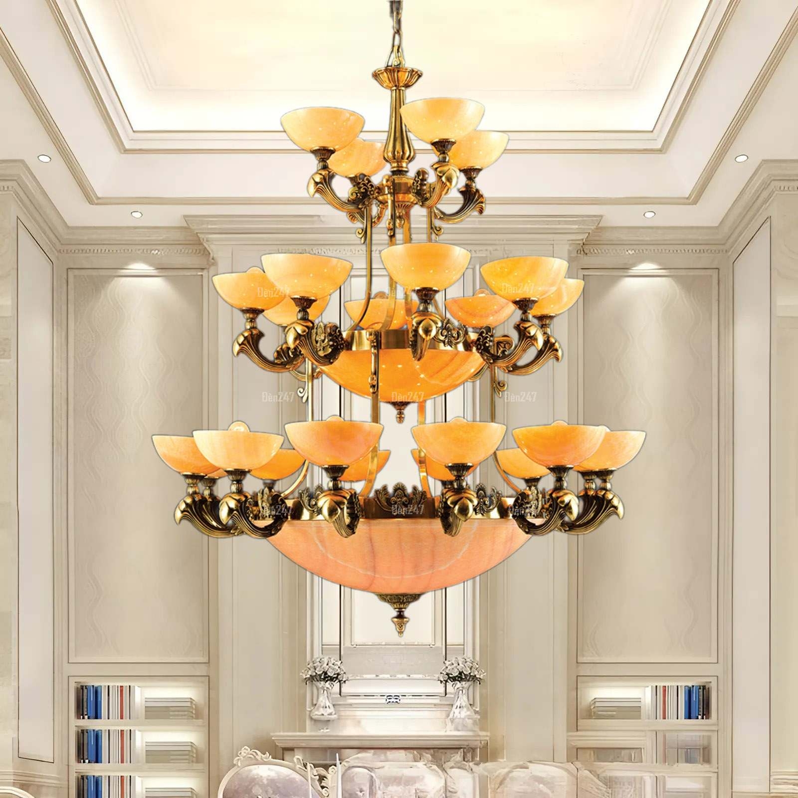 Đèn chùm bát đá 24 tay đồng nguyên chất CD1129/12+8+4