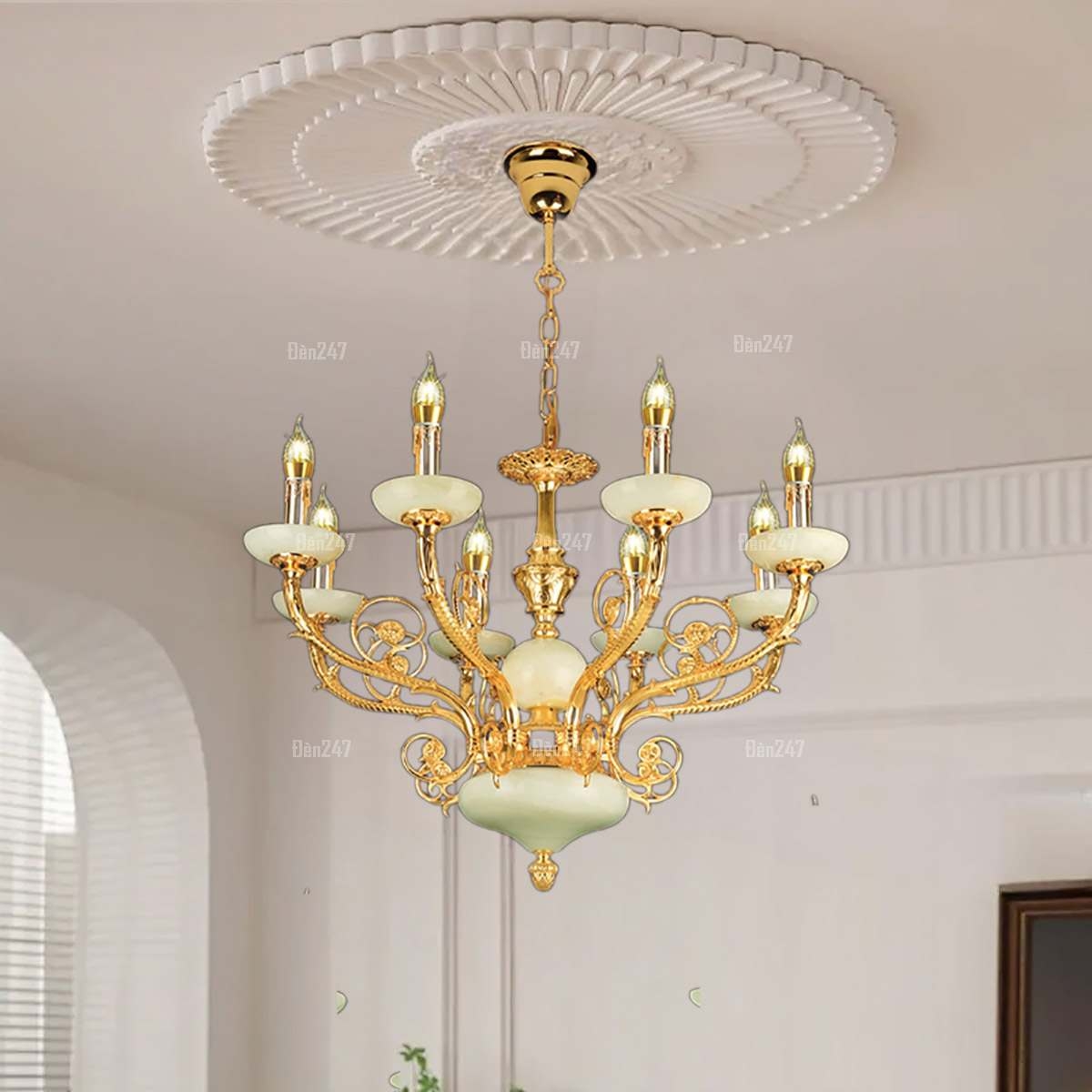 Đèn chùm đồng bát đá 8 tay D700mm CD1175/8